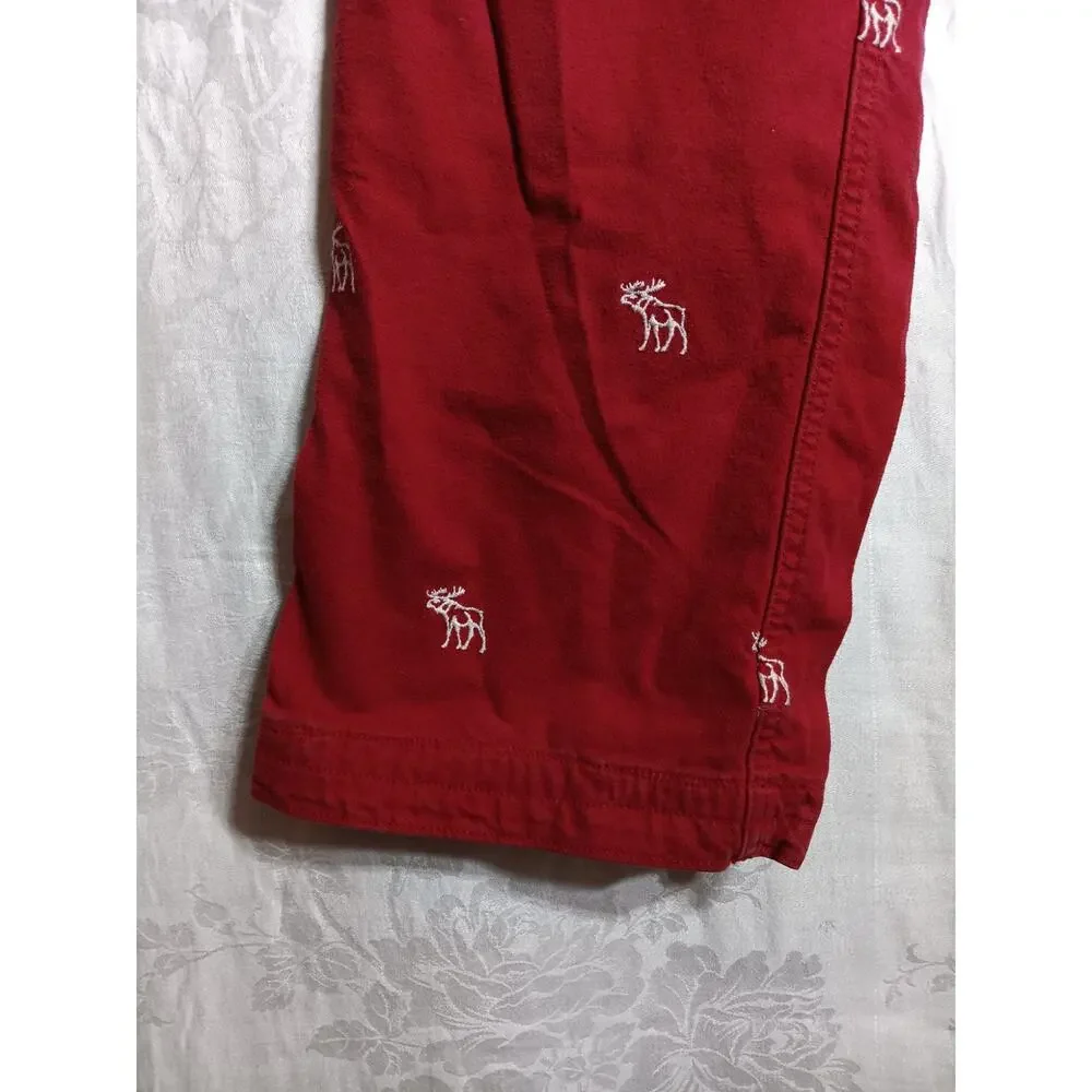 Abercrombie Fitch Vintage Pants Small Red AOP Embroidered Moose Wide Leg Lounge - Picture 4 of 16